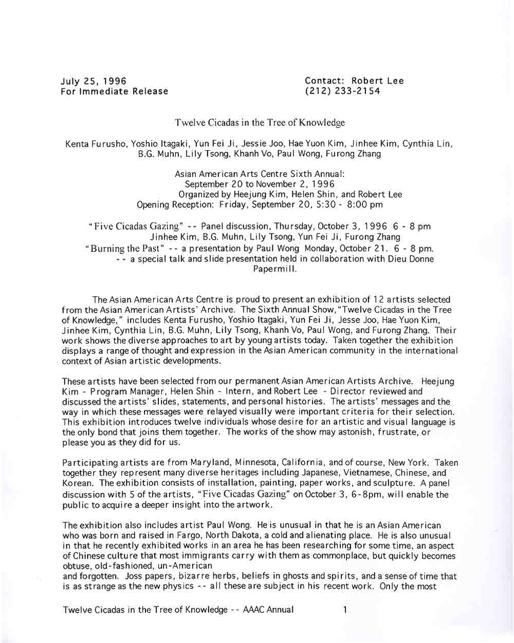 Twelve Cicadas in the Tree of Knowledge, press release, pg 1