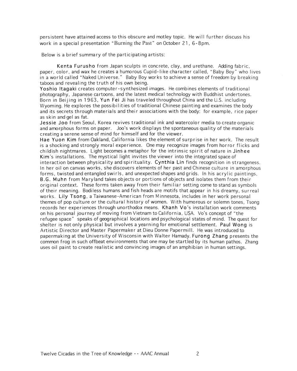 Twelve Cicadas in the Tree of Knowledge, press release, pg 2
