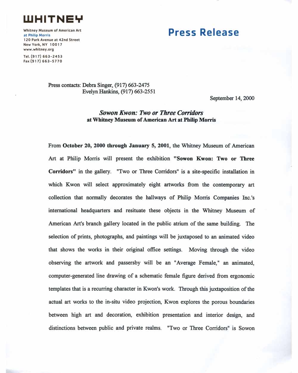 Sowon Kwon: Two or Three Corridors, press release, pg 1