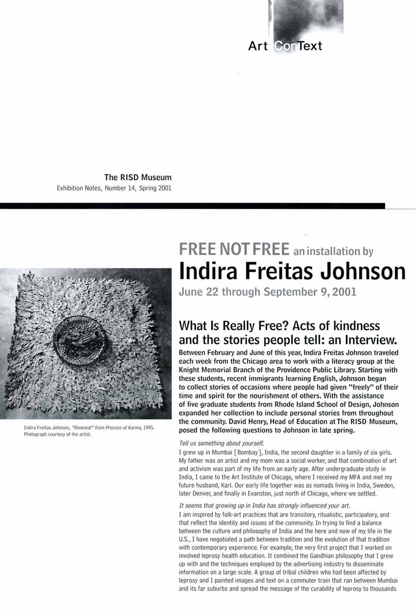 FREE NOT FREE: an installation by Indira Freitas Johnson, interview, pg 1