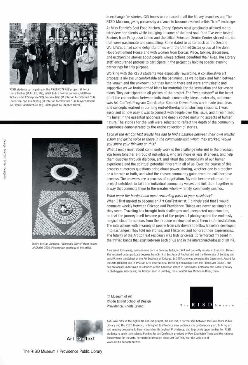 FREE NOT FREE: an installation by Indira Freitas Johnson, interview, pg 4