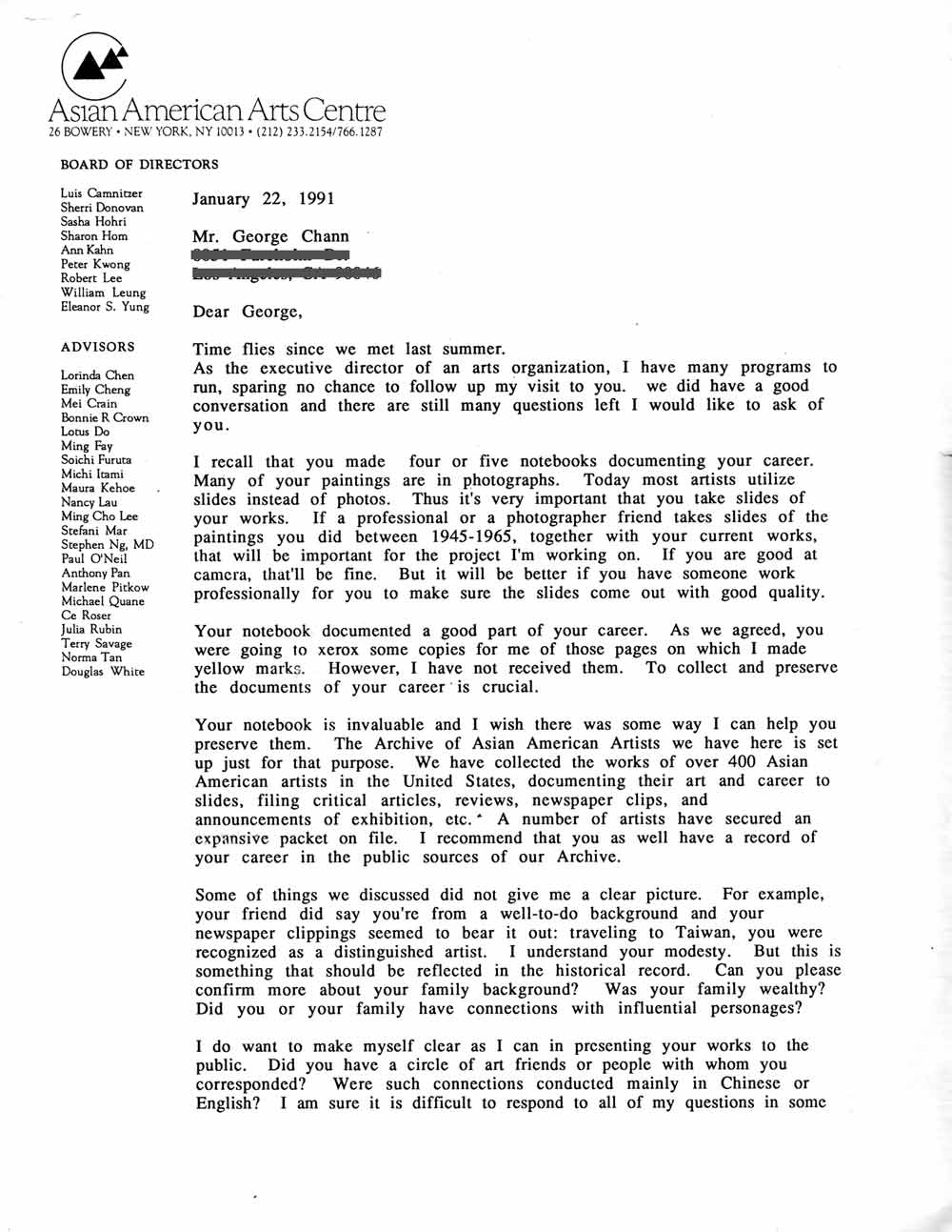 Letter to George Chann, pg 1