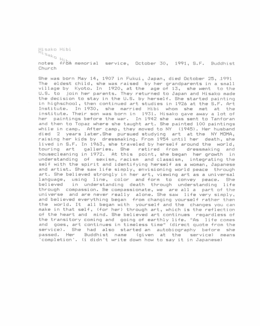 Norine Nishimura's notes for Hisako Hibi