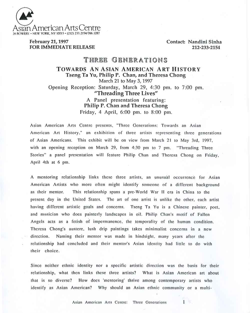 Three Generations press release, pg 1