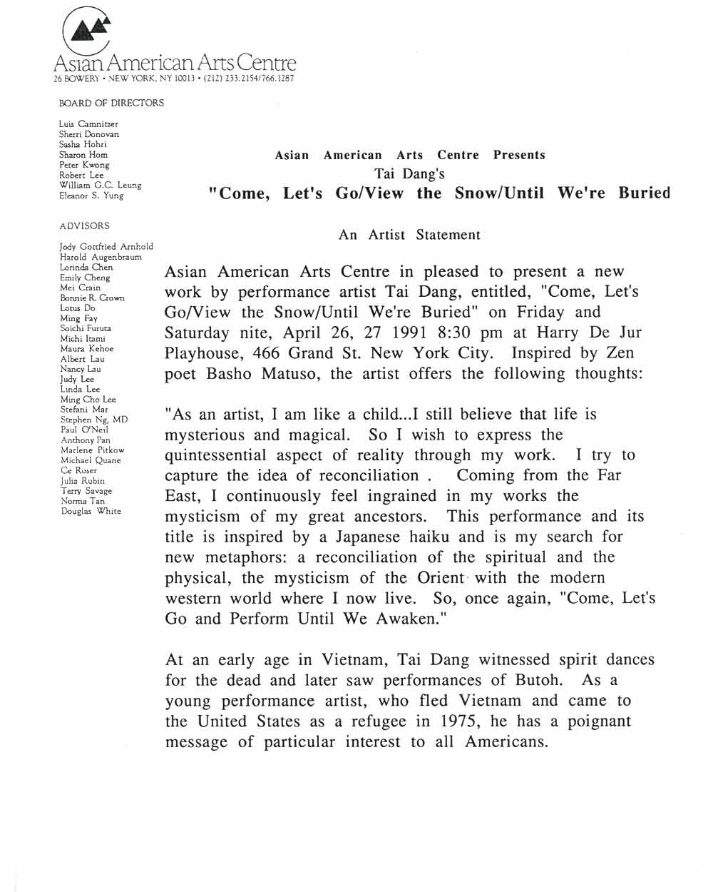 Come, Let's Go/View the Snow/Until We've Buried, press release
