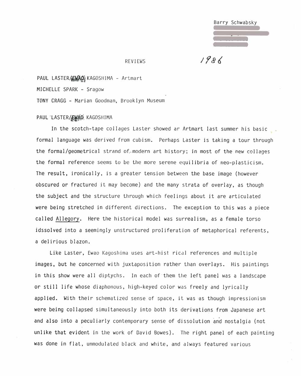 Review by Barry Schwabsky, pg 1